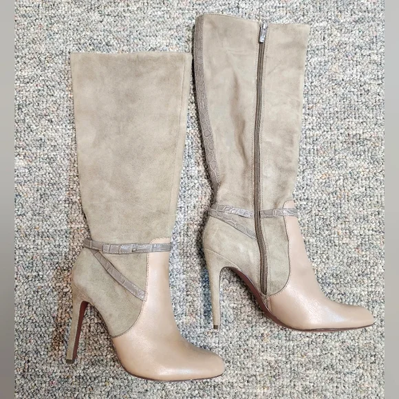 Coach Ursala Knee High Heeled Suede/ Leather Boot Light Beige/Taupe